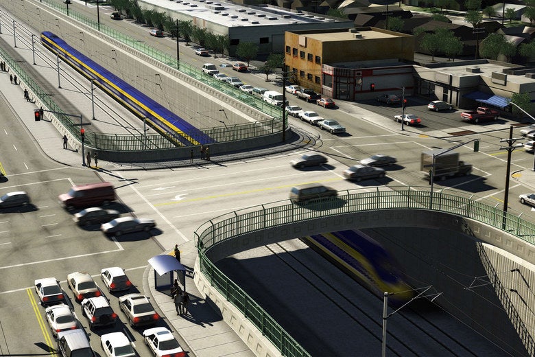 A road passes over a high-speed train in a rendering.